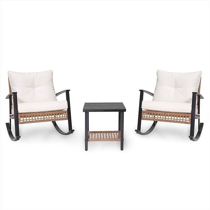 LAUSAINT HOME 3-Piece Rocking Bistro Set, Outdoor Patio Furniture with Thick Cushions and 2-Tier Coffee Table, Oversize Rattan Conversation Set for Garden, Balcony, Backyard (Beige)