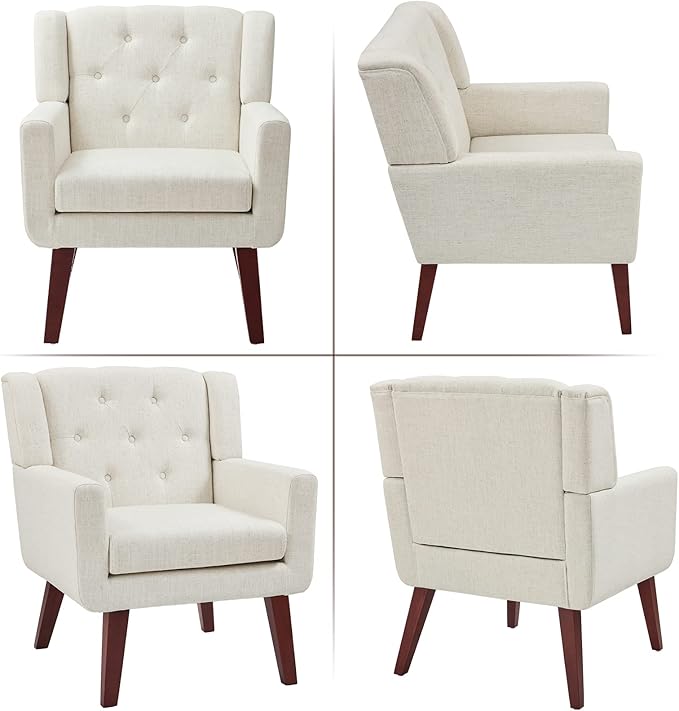 Living&Giving Accent Chair Button-Tufted Upholstered Living Room Chairs Comfy Reading Mid Century Modern with Linen Fabric Lounge Arm for Bedroom (Beige) 29.33D x 28.94W x 34.65H Inch