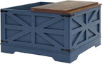 Blue Coffee Table with Storage, Cocktail Table with Hinged Lift Top, Farmhouse Square Wood Center Table with Large Hidden Storage Compartment for Living Room, Square Coffee Table, Metal Edges Decor