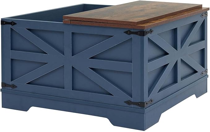 Blue Coffee Table with Storage, Cocktail Table with Hinged Lift Top, Farmhouse Square Wood Center Table with Large Hidden Storage Compartment for Living Room, Square Coffee Table, Metal Edges Decor
