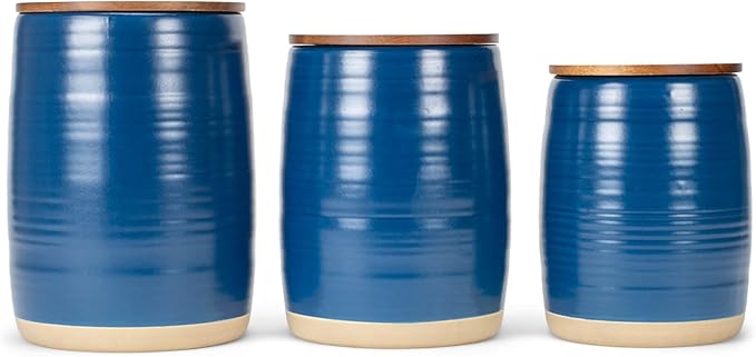 Nat & Jules Lidded Navy Blue 6 inch Ceramic and Wood Kitchen Canisters Set of 3