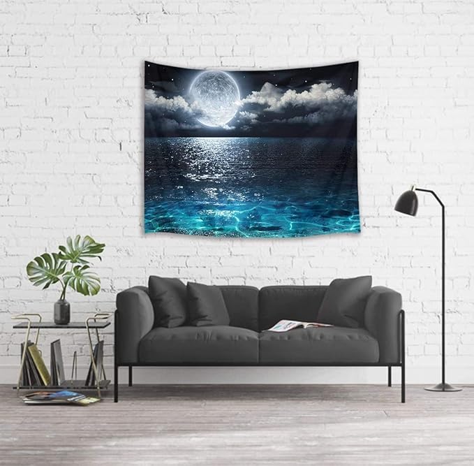 LB Moon Over Ocean Tapestry, Night Sky Tapestry Wall Hanging,3D Fantasy Psychedelic Watercolor Wall Art for Bedroom Living Room Dorm Home Decor,48 x 36 Inches