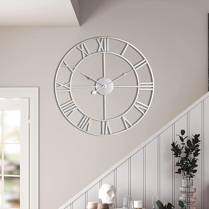 LEIKE 32" Large Modern Wall Clocks,Vintage,Round,Nearly Silent,Little Ticking,Battery Operated,Silver Metal Roman Numerals Clock for Living Room/Bedroom/Kitchen Wall Decor