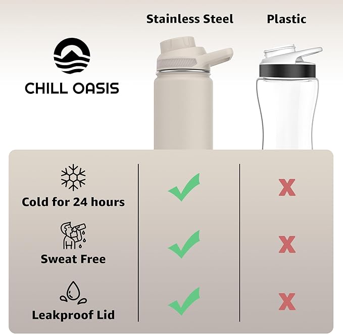 Chill Oasis Water Bottle | Compatible With Popular Flavor Cartridges | BPA Free, Leak Proof, Double-Walled Vacuum Insulated Stainless Steel, and Dishwasher Safe | Cold for 24 Hours (Beige, 12oz)