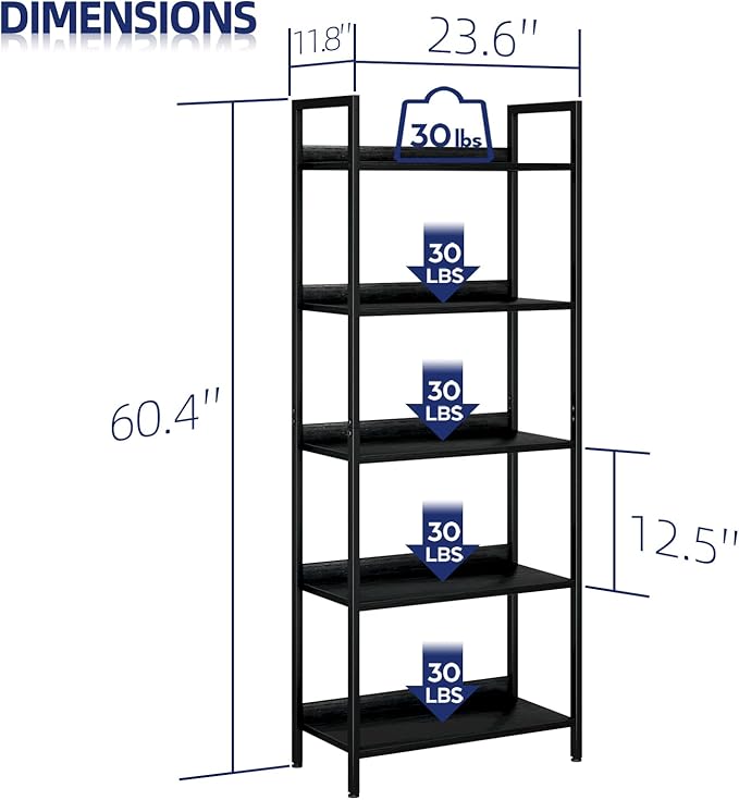 NUMENN Bookshelf, 5 Tier Bookshelves, Home Office Bookcase Shelf Storage Organizer, Free Standing Storage Shelving Unit for Bedroom, Living Room and Home Office, Black