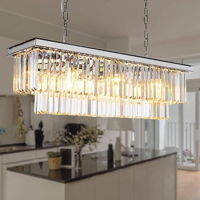 L39.4 Chrome Rectangle Modern Crystal Chandeliers Lighting Rectangular Pendant Ceiling Lights Fixture Lamp for Dining Living Room