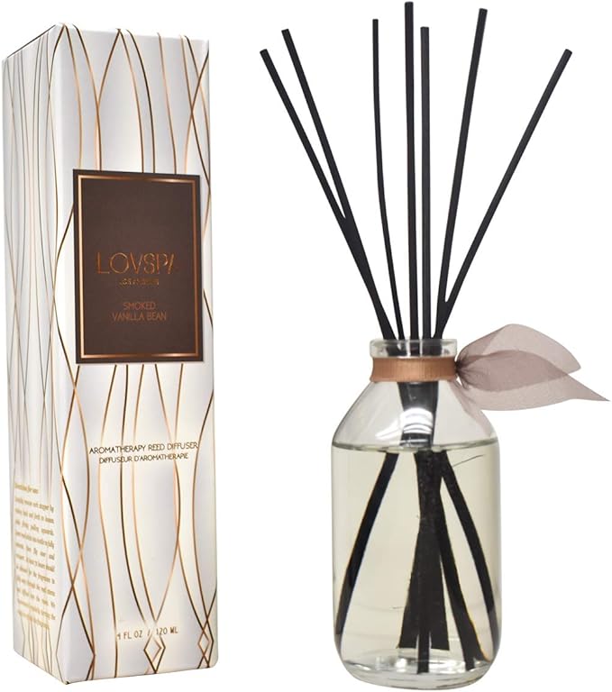 LOVSPA Reed Diffuser Set, Smoked Vanilla Scented Oil Diffuser with Sticks, Home Fragrance Accessories for Bathroom Shelf Decor, Aroma Diffusers for Home or Office Fall Decor, USA Made
