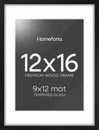 Homeforia 12x16 Black Wood Picture Frame, High End Oak 12x16 Poster Frames with Mat 9x12 Print, 12 x 16 Black Wooden Frame Matted to 9 by 12 Photo, 16x12 Thin Frame, Tempered Glass, Wall Kit, Set of 1