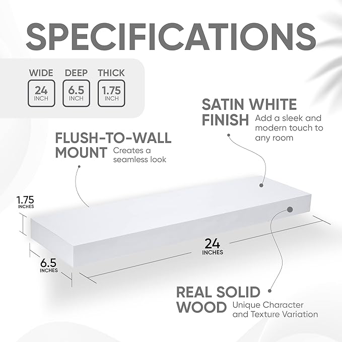 Homeforia White Floating Shelves 24 inch, High End Solid Real Wood 24inch Bathroom Floating Shelf for Wall Mounted, White Wooden 24in Floating Shelves, Heavy Duty Bracket, 24 X 6.5 X 1.75 in, Set of 3