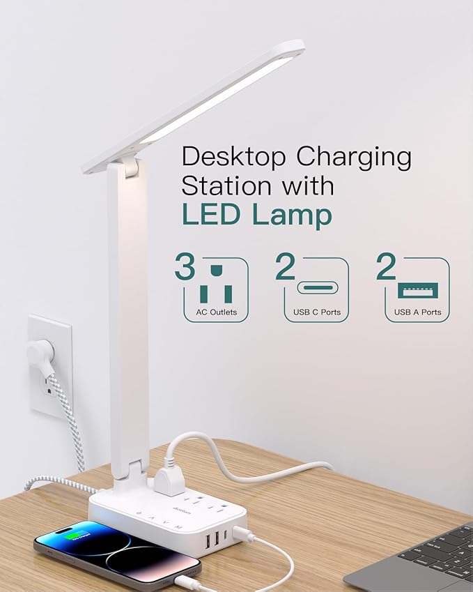 Addtam LED Desk Lamp, Power Strip with 3 Outlets 4 USB Charging Ports(2 USBC), 4 Modes 5 Level Brightness Touch Lamp, Small Desk Lamp for Home Office College Dorm Room Essentials, White