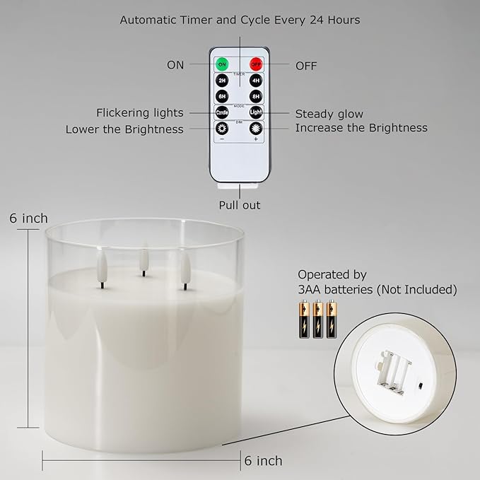 Homemory 6X6'' Extra Large Flameless Candle with 3 Wicks, Glass LED Pillar Candle, Real Wax Battery Operated Candle with Remote Control and Timer, Pure White