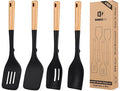 Pack of 4 Silicone Kitchen Utensils Set, Non Stick Solid Spatulas and Heat Resistant Slotted Spoons with Wooden Handle, Ideal BPA Free Cooking Utensils for Mixing,Serving,Turning,Stirring(BLACK)
