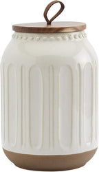 TTU Tabletops Gallery Ceramic Canister Collection- Stoneware Designed Kitchen Storage Embossed Acacia Wood White Set, 3 Piece Embossed Ziggy White Canister Set