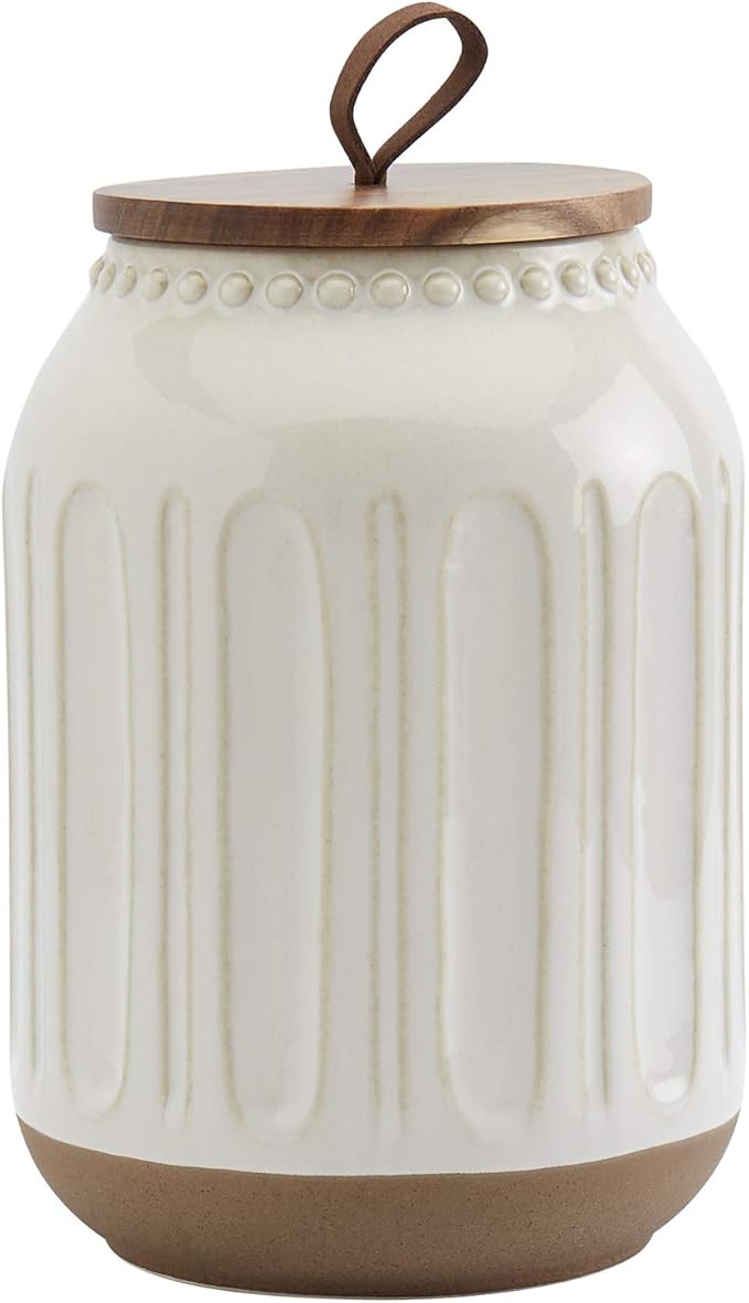 TTU Tabletops Gallery Ceramic Canister Collection- Stoneware Designed Kitchen Storage Embossed Acacia Wood White Set, 3 Piece Embossed Ziggy White Canister Set