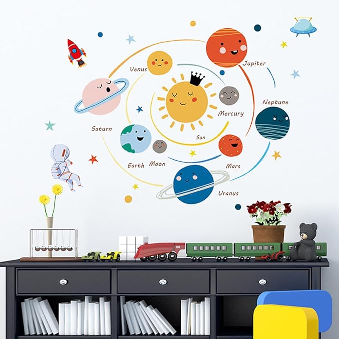 Quanhaigou 3D Solar Space Wall Decals Stickers Wall Murals Wallpaper Decor for Home Floor Living Room (Solar System)