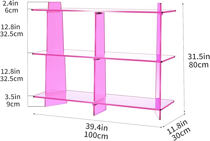 Acrylic Bookshelf, Small 3 Tier Open Bookcase for Small Spaces,Sofa Table, Hallway Entry Table for Home Living Room (Pink, 39.4'' x 11.8'' x 31.5'')