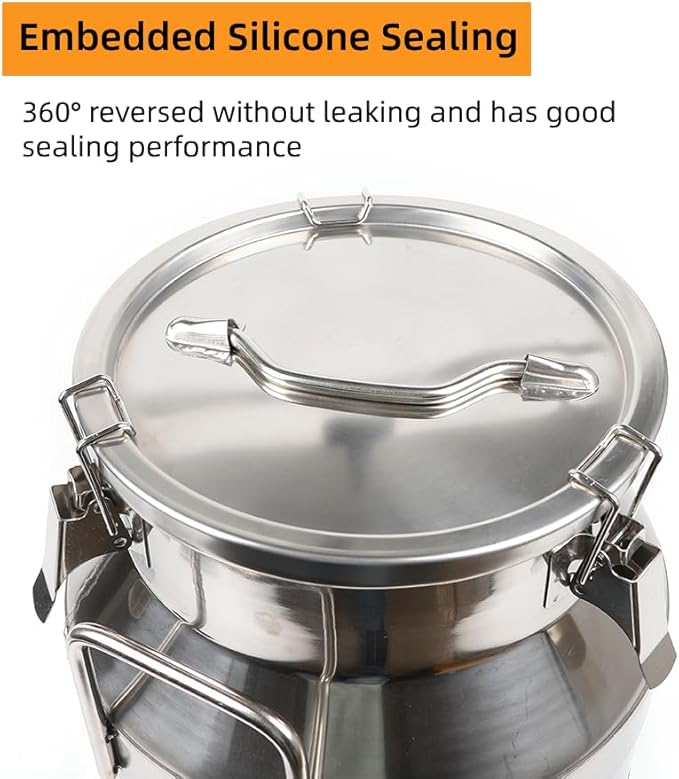 Stainless Steel Milk Can, 12L/3.16 Gallon Heavy Duty Airtight Storage Canister Milk Bucket with Lid, Embedded Silicone Milk Jug Wine Pail Water Cereals Bucket with Three Latches and Two Handles