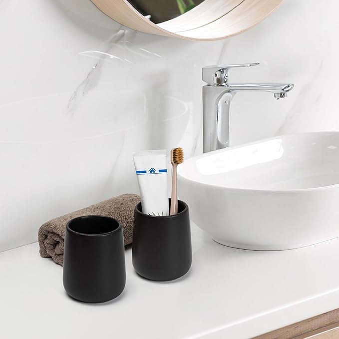 Bathroom Tumbler Cup Ceramic 2Pcs 13.5oz Reusable Toothbrush Cup 400ml, Toothbrush Holder Adequate for Your Bathroom (Black Brown)