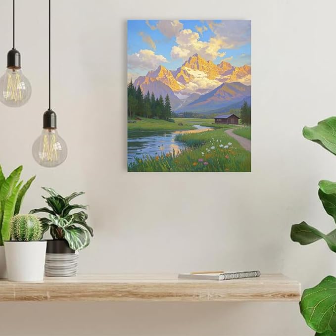 The mountain stream and lawn scenery under the sun is suitable for posting in the living room bedroom office landscape poster wall painting