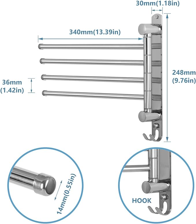 Bathroom Towel Rack JSVER 4 Arms Swivel Towel Holder, Towel Bar Wall Mounted, SUS304 Stainless Steel Space Saving Towel Rack, Towel Racks for Bathroom, Kitchen