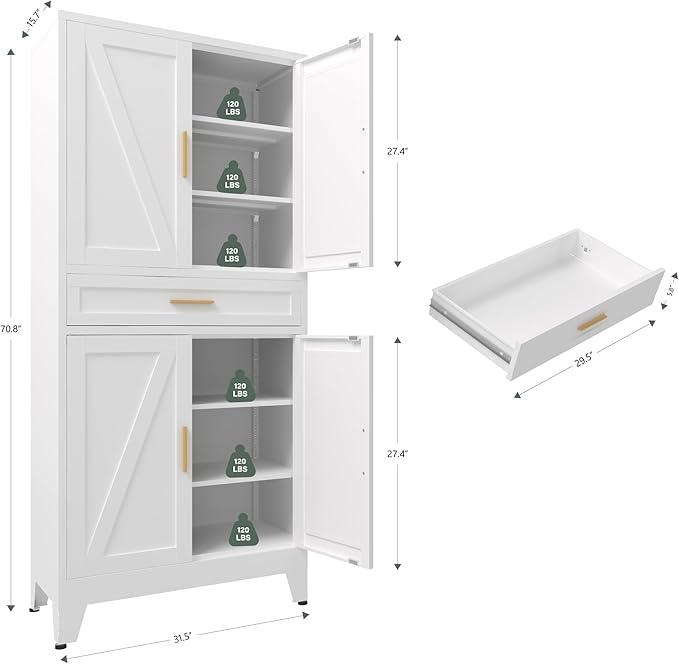 71 "Farmhouse Metal Filing Cabinet with a Drawer and 4 Adjustable Shelves, with 4 Large barn Door White Kitchen Cabinets, Metal Food Cabinets for Home, Kitchen, Dining/Living Room (White)