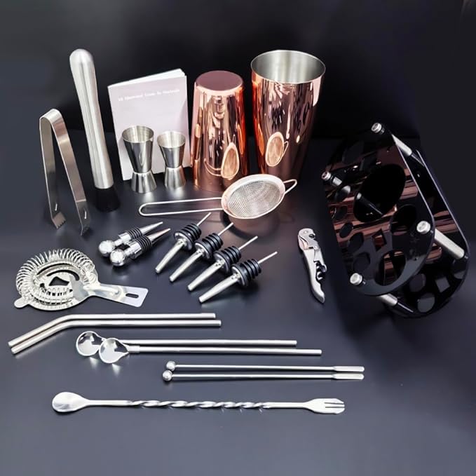 22-Piece Cocktail Shaker Set, 25/20oz Bartender Kit, Bartending Stainless Steel Bar Tools Sets for Drink Mixing, Boston Cocktail Shakers with Stand Recipes Booklet (Rose Gold-25-20oz)