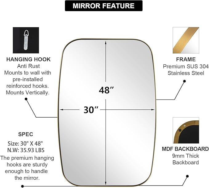 ANDY STAR Gold Mirror, 30x48’’ Brushed Gold Oval Mirror for Bathroom, Oblong Mirrors with Brass Metal Frame, Oval Vanity Mirror for Modern Farmhouse Wall Decor 1”Deep Set Design