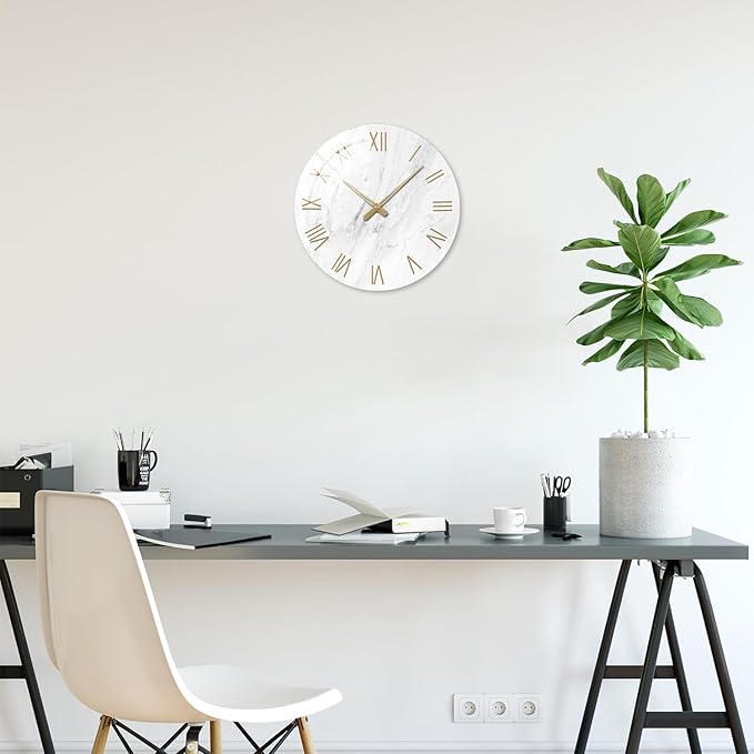 White Marble Large Clocks for Living Room Round Glass Wall Clock Battery Operated 16 Inch Silent Wall Clock Non Ticking