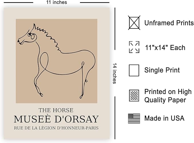 Poster Master Vintage Poster - Retro Horse Print - Line Drawing Art - Sketch Art - Gift for Boys, Girls & Animal Lover - Minimal Wall Decor for Kid's Room or Nursery - 11x14 UNFRAMED Wall Art