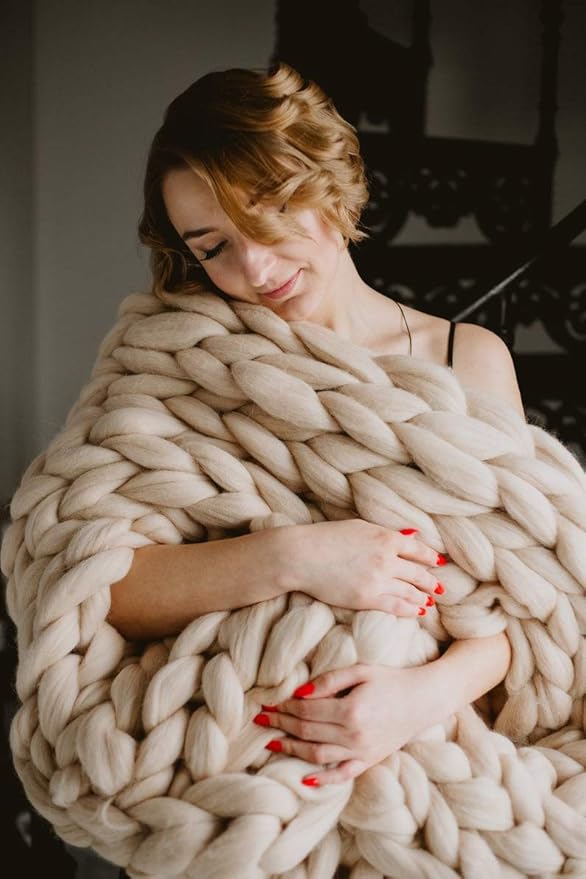 Chunky Knit Blanket Throw - Handmade, Gift Sofa Bed Blanket (Camel 40"x47")