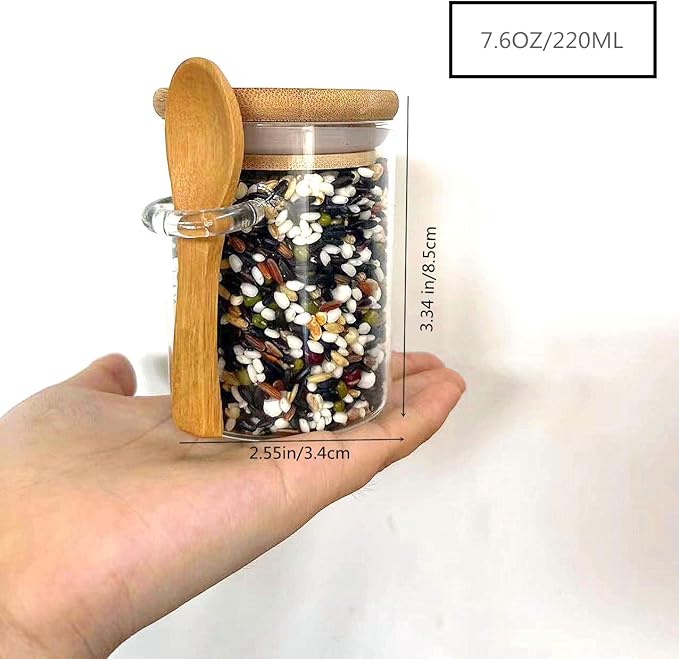 7.6 oz Airtight Mini Glass Jars with Bamboo Lids and Bamboo Spoons, Spice Jars Small Food Storage Containers for Kitchen, Bathroom, Home Decor Set of 8