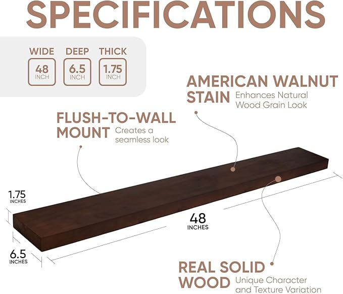 Homeforia 48 inch Walnut Floating Shelf, High End Solid Real Wood Large 48inch Floating Shelves for Wall, Dark Brown 48 inches Long Floating Shelves, Heavy Duty Bracket, 48 X 6.5 X 1.75 inch, Set of 2