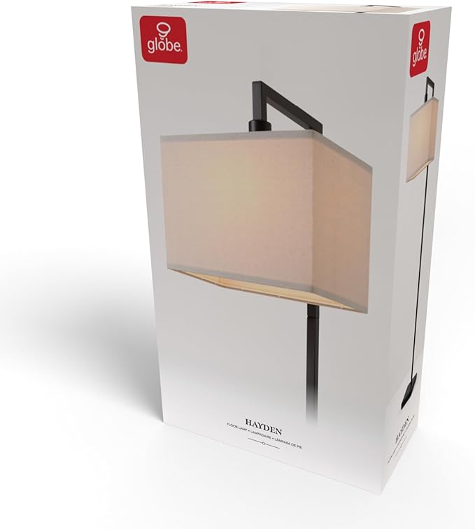 Globe Electric 61000052 60" Floor Lamp, Matte Black, Square White Fabric Shade, On/Off Rotary Switch on Socket, Square Rod, Reading Lamp, Home Office Accessories, Home Décor, Home Improvement