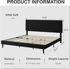 King Size Bed Frame, Velvet Upholstered Platform Bed with Vertical Channel Tufted Headboard and Footboard, No Box Spring Required, Easy Assembly, Black