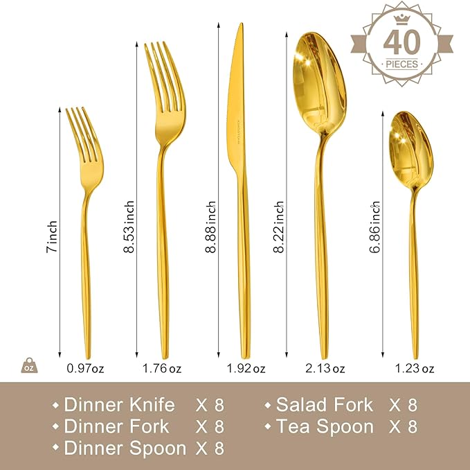 KINGSTONE Silverware Set, 40-Piece Flatware Set Cutlery Set Premium 18/10 Stainless Steel, Tableware Include Forks Knives Spoons for Home Kitchen Restaurant Wedding, Dishwasher Safe, Gold