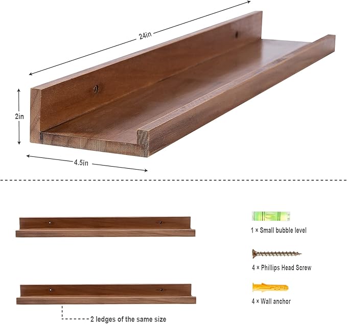 AZSKY Floating Nursery Book Shelves Light Fair Pale Walnut Rustic Picture Photo Ledge Shelves Wall Mounted Wooden Display Shelf for Bathroom Bedroom Kitchen 24 Inch Wall Shelves a Set of 2