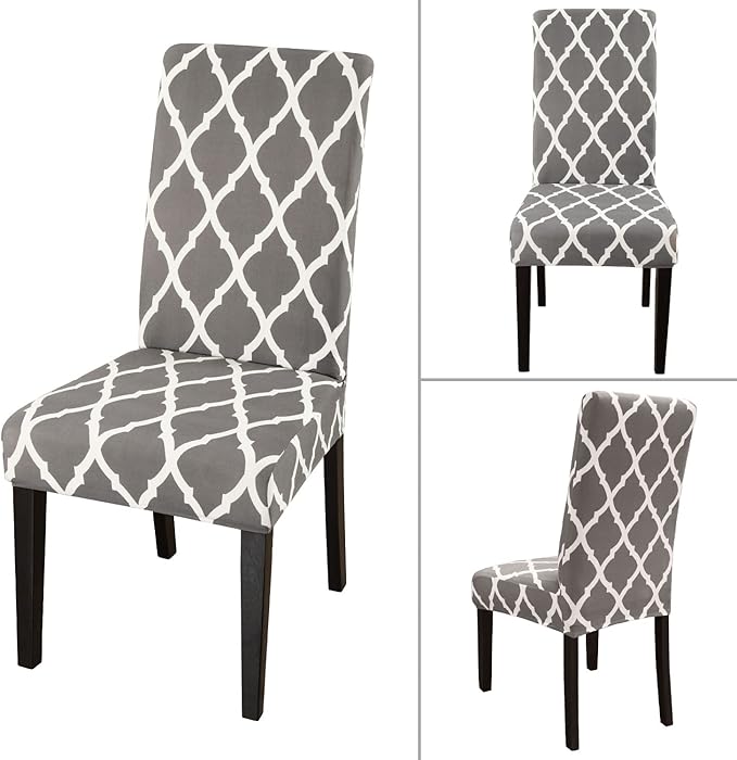 JQinHome Dining Room Chair Covers Set of 8, High Stretch Chair Slipcover Removable Washable Chair Seat Protector Cover for Home Party Hotel Wedding Ceremony (Grey White)