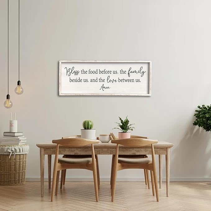 Bless the Food Before Us Sign Wall Decor 40"X15" Large Farmhouse Dining Room Wall Decor Framed Wood Rustic Home Wall Art Kitchen Decoration (White)