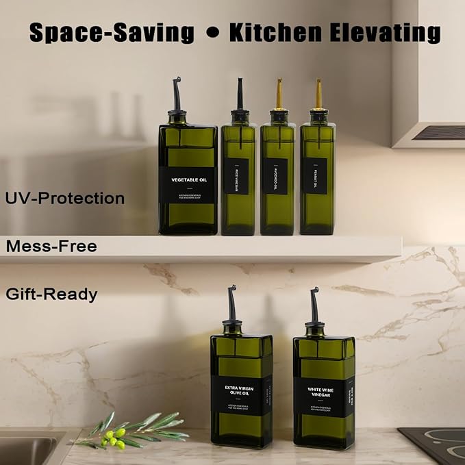 Olive Oil Dispenser Bottle for Kitchen 16.9oz, UV-Blocking Oil and Vinegar Dispenser Set, Leakproof Oil Container for Home, Restaurant (Green, Set of 4)