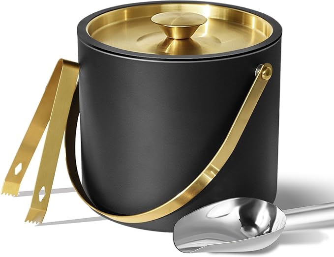 3L Ice Bucket with Silicone Lid, Scoop, Gold Tongs & Strainer, Stainless Steel Double Wall Insulated Ice Buckets for Parties & Cocktail Bar, Outdoor Champagne Ice Container Bin, Black