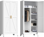 71'' Farmhouse Metal Wardrobe Cabinet with Hanging Rod, 2 Barn Door Wardrobe Closet with 5 Adjustable Shelves,Drawer,for Dining Room,Bedroom,Living Room, Cloak Room,Office (White)