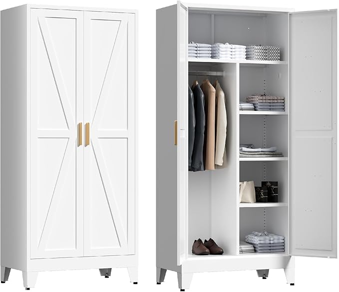 71'' Farmhouse Metal Wardrobe Cabinet with Hanging Rod, 2 Barn Door Wardrobe Closet with 5 Adjustable Shelves,Drawer,for Dining Room,Bedroom,Living Room, Cloak Room,Office (White)
