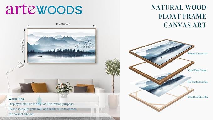 Indigo Framed Canvas Wall Art Misty Mountain Wall Pictures Foggy Lake Boat Canvas Painting Prints Forest Birds Canvas Wall Decor for Living Room Bedroom Decorations Framed 20" x 40" Natural