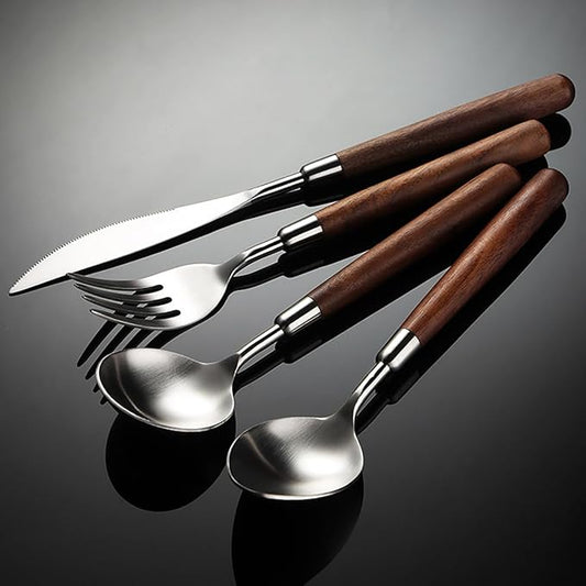 Wood Silverware Set for 6 GULSARAYI Cutlery Set 18/8 Stainless Steel Flatware Set with Walnut Handle 24 Piece Wooden Flatware Set Utensils Set for Home Kitchen Restaurant Forks Spoons And Knives Set