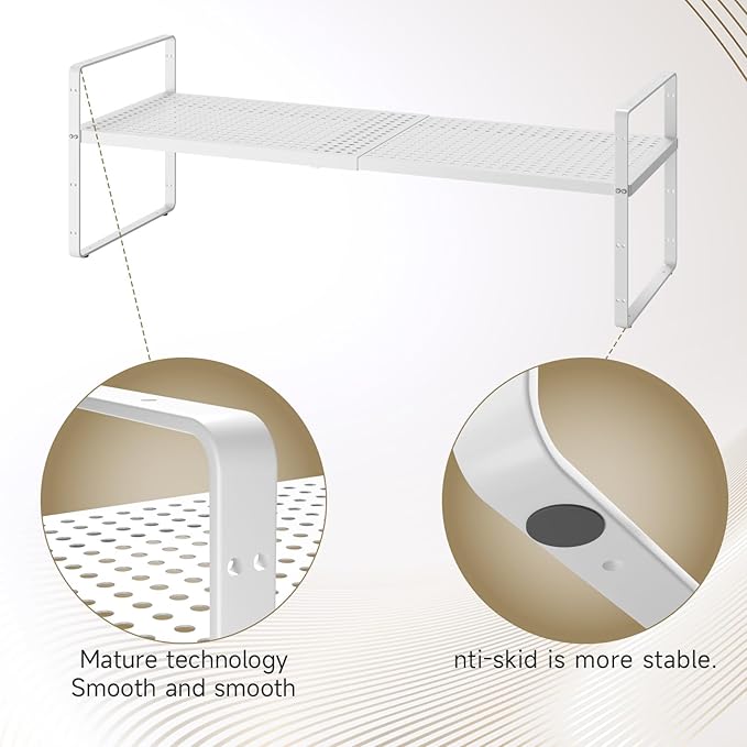 Hole Pattern Expandable Shelf Organizer,2Pack 8.1" Wide Easy to Assemble Cabinet Organizer Shelf, 16.5~27.1" Adjustable Height&Stackable Spice Organization for Cupboard, White