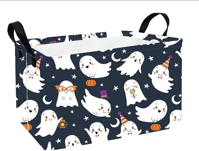 Rectangular Halloween Storage Basket Fabric Organizer Bin for Toys,Books,Clothes,Gifts,Pets-Perfect for Home,Office,Nursery,Dorm,Shelf(Rec-Halloween ghost )