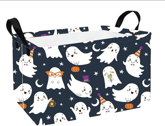 Rectangular Halloween Storage Basket Fabric Organizer Bin for Toys,Books,Clothes,Gifts,Pets-Perfect for Home,Office,Nursery,Dorm,Shelf(Rec-Halloween ghost )