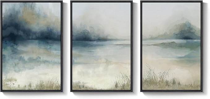 Large Framed Abstract Nature Landscape Wall Art for Living Room, 3 Piece Modern Canvas Prints Paintings Artwork for Walls, Blue Watercolor Lake Mountain Pictures for Hallway Office Wall Decor 24x36 In