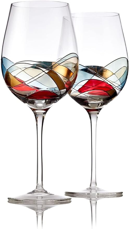 Bezrat Wine Glasses Hand Painted - Set of 2 - Women Wine Gift - Wine Lover Glass - Beautiful Glassware Gifts Ideas for Women Inspired by 'Duomo di Milano' Mothers Day - 12 oz (Red)