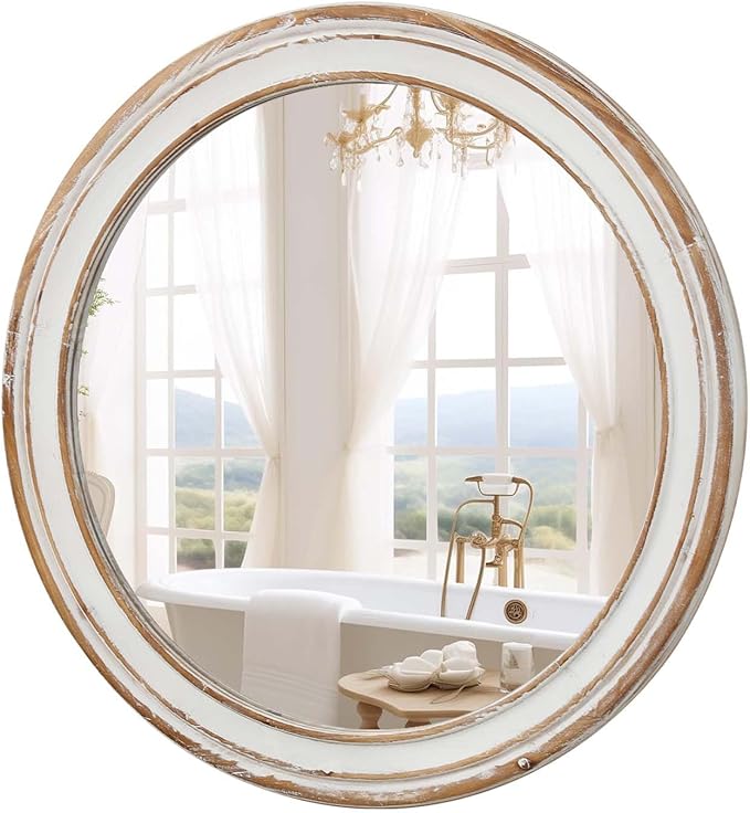 Round Bathroom Mirror for Vanity-Distressed Wood Circle Mirror, Farmhouse Entryway Mirror and Decorative Wall Mirrors for Living Room